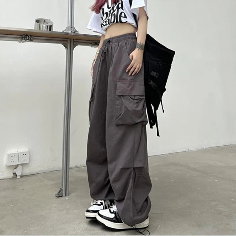 2025 frauen Casual Jogger Tech Hosen Feste Niedrige Taille Hosen Kordelzug Breite Bein Baggy Hosen Y2k Streetwear Oversize Jogginghose