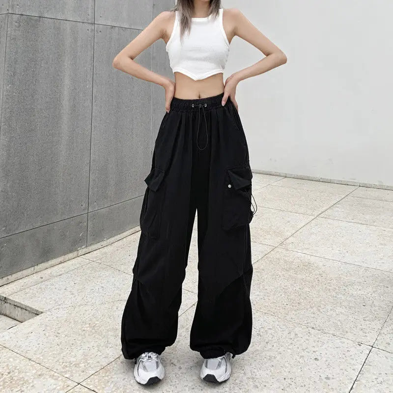 2025 frauen Casual Jogger Tech Hosen Feste Niedrige Taille Hosen Kordelzug Breite Bein Baggy Hosen Y2k Streetwear Oversize Jogginghose