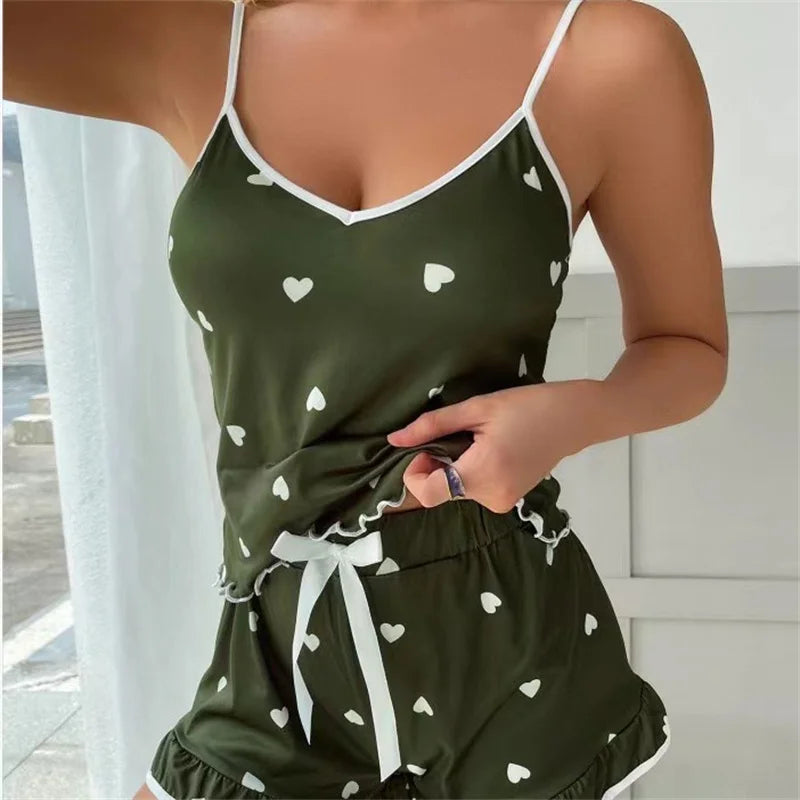 2024 sommer Pyjama Set Große Größe Weste Shorts frauen Hosenträger Weiche Casual Nette Gedruckt Frauen pyjamas set