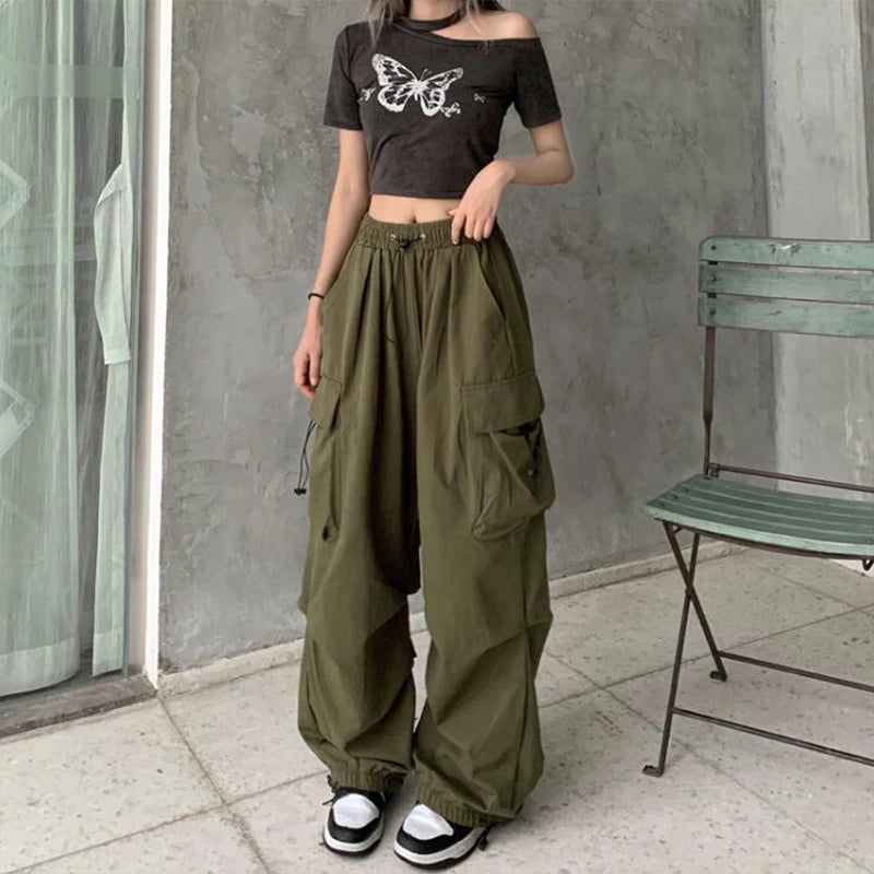 2025 frauen Casual Jogger Tech Hosen Feste Niedrige Taille Hosen Kordelzug Breite Bein Baggy Hosen Y2k Streetwear Oversize Jogginghose