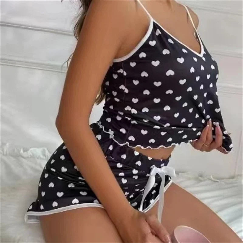2024 sommer Pyjama Set Große Größe Weste Shorts frauen Hosenträger Weiche Casual Nette Gedruckt Frauen pyjamas set