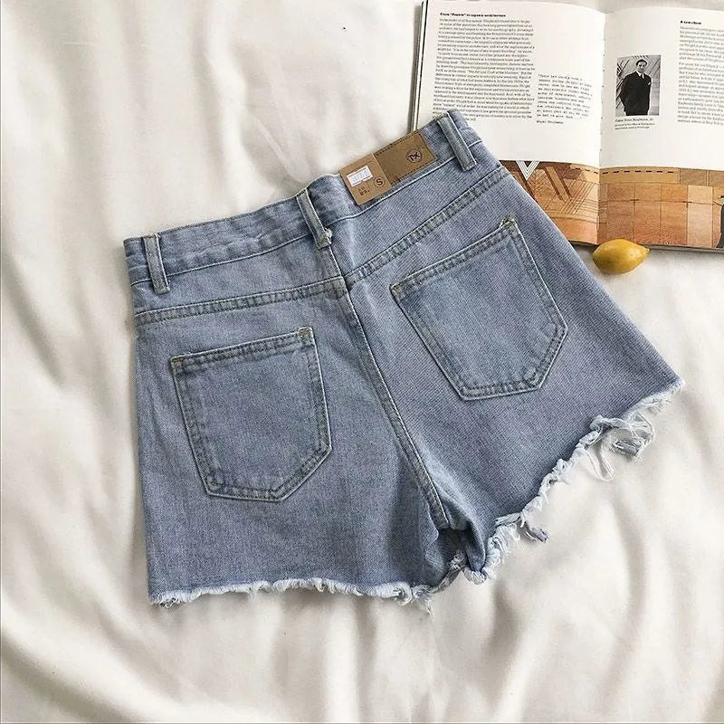 Koreanische Jeans shorts Frauen Sommer mode lässig hohe Taille zerrissene Jeans Tasche Quaste y2k Hot pants Streetwear blaue Hose