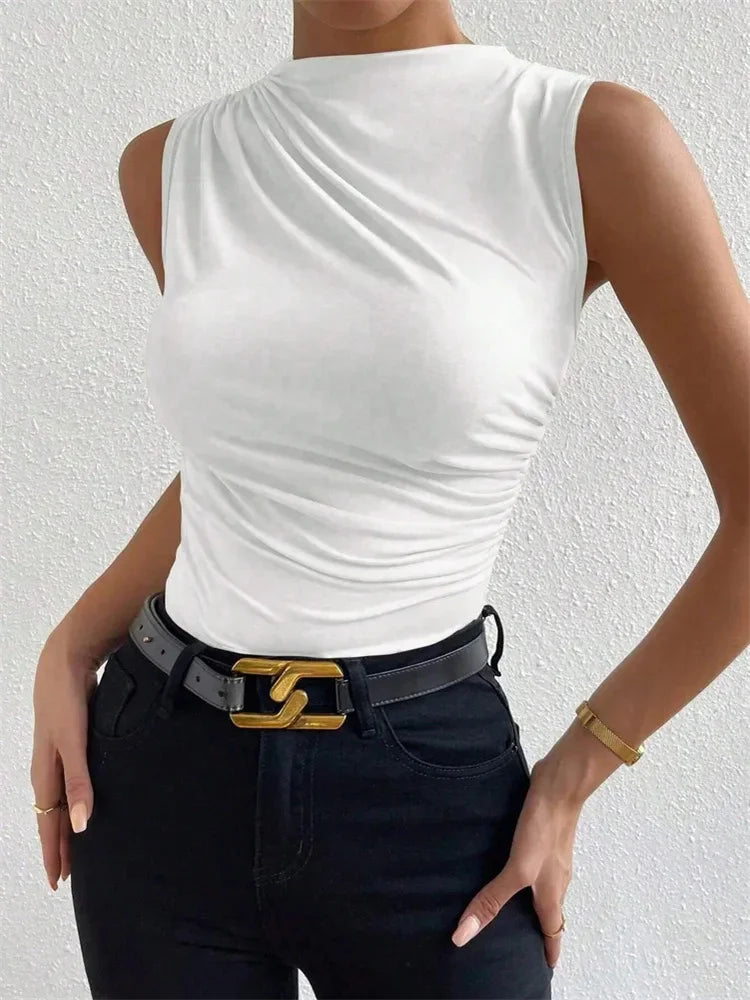 Damen Casual Mock Neck Ruched Tank Top Sommer 2024, einfarbig, Slim Fit, plissiert, ärmellos, T-Shirt, T-Shirt, Streetwear