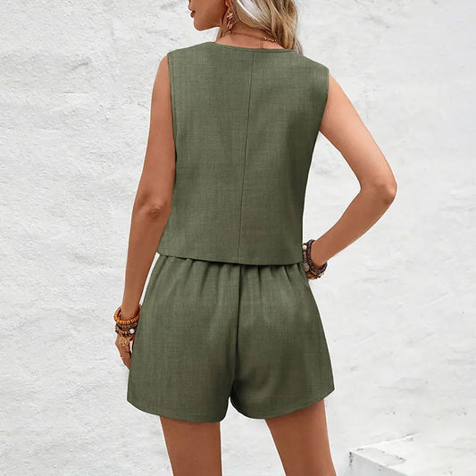 Sommer Frauen Elegante Feste Weste Shorts Set 2024 Ärmellose Weste Top + Hohe Taille Dünne Shorts Dame Büro Casual 2-teiliges Set