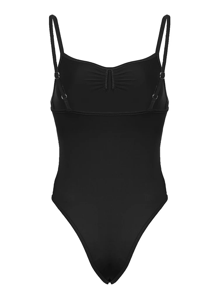 Sweetown Sleeveless Skinny Shirring Skinny Spaghetti Strap Bodysuit For Women Black Solid Simple Basic Vacation Camisole