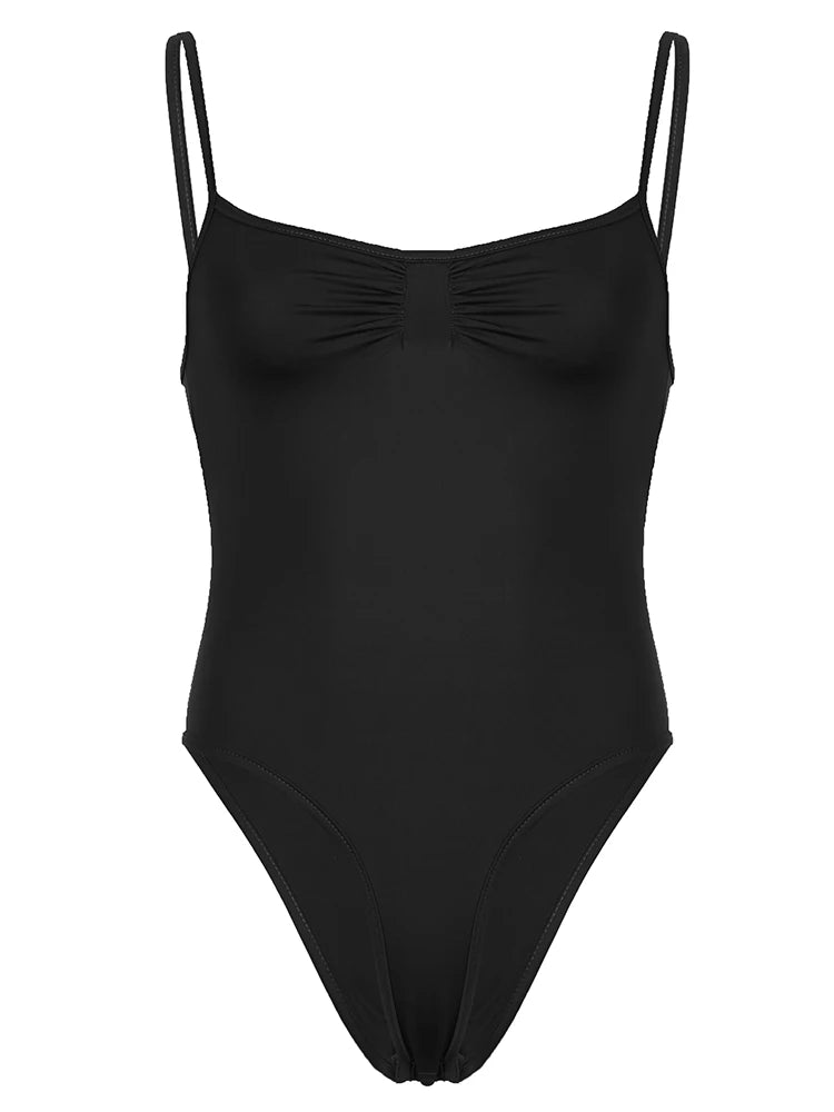Sweetown Sleeveless Skinny Shirring Skinny Spaghetti Strap Bodysuit For Women Black Solid Simple Basic Vacation Camisole