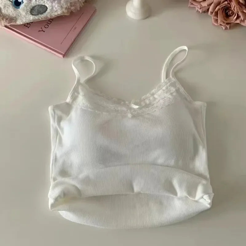 Neues gestricktes Crop Top für Frauen einfarbige Spitze Sling Tops Strickwaren Tank Top weiblich schlanke Leibchen süß kurz Beau Back Top