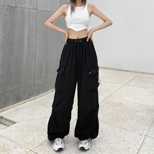 2025 frauen Casual Jogger Tech Hosen Feste Niedrige Taille Hosen Kordelzug Breite Bein Baggy Hosen Y2k Streetwear Oversize Jogginghose