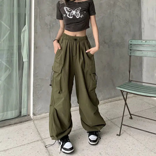 2025 frauen Casual Jogger Tech Hosen Feste Niedrige Taille Hosen Kordelzug Breite Bein Baggy Hosen Y2k Streetwear Oversize Jogginghose