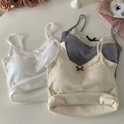 Neues gestricktes Crop Top für Frauen einfarbige Spitze Sling Tops Strickwaren Tank Top weiblich schlanke Leibchen süß kurz Beau Back Top