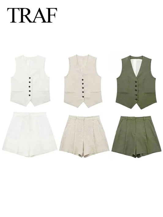 TRAFZA Frauen Vintage Mode Shorts Set Solide Weiß Ärmellose Weste + Taschen Hosen Weibliche Zwei Stücke Set Straße Roupa De mujer