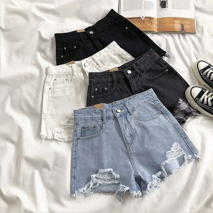 Koreanische Jeans shorts Frauen Sommer mode lässig hohe Taille zerrissene Jeans Tasche Quaste y2k Hot pants Streetwear blaue Hose
