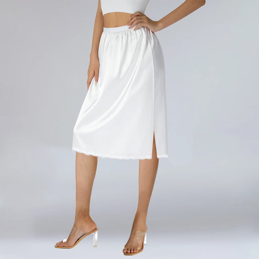 Satin-Unterrock für Damen, einfarbig, elastische Taille, Spitzenbesatz, Rock für unter Kleidern, durchdringendes Futter, Petticoat