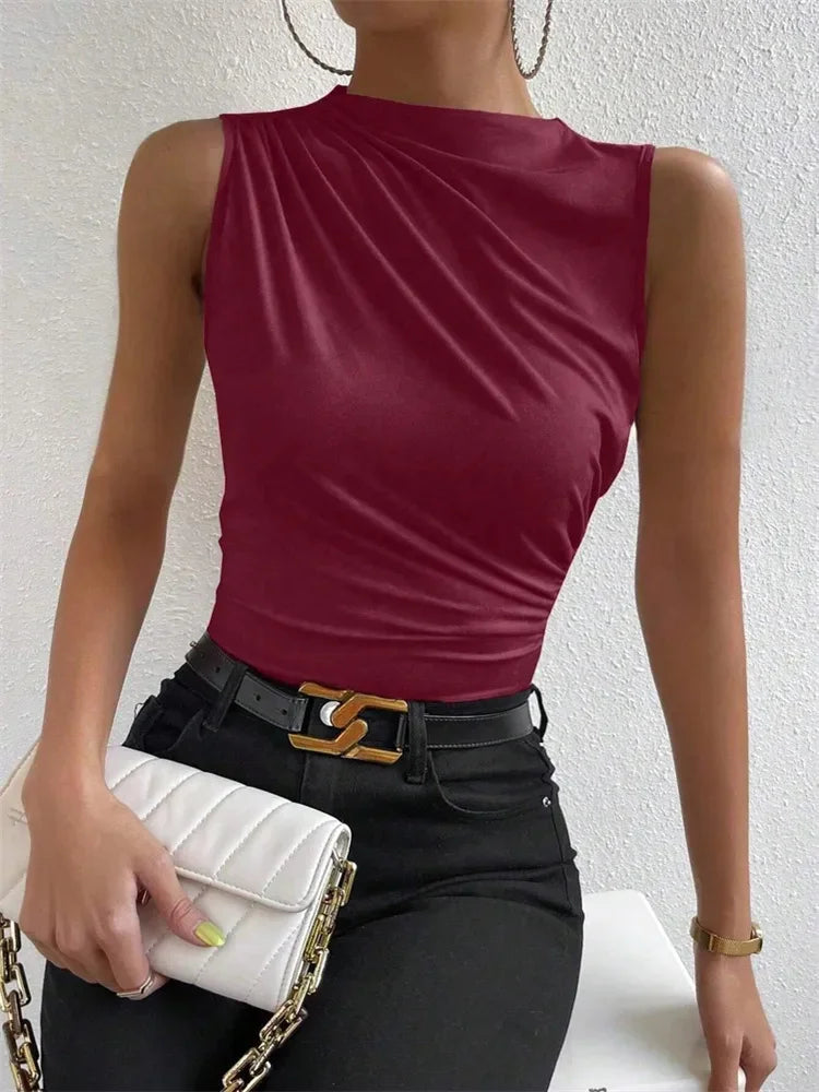 Damen Casual Mock Neck Ruched Tank Top Sommer 2024, einfarbig, Slim Fit, plissiert, ärmellos, T-Shirt, T-Shirt, Streetwear