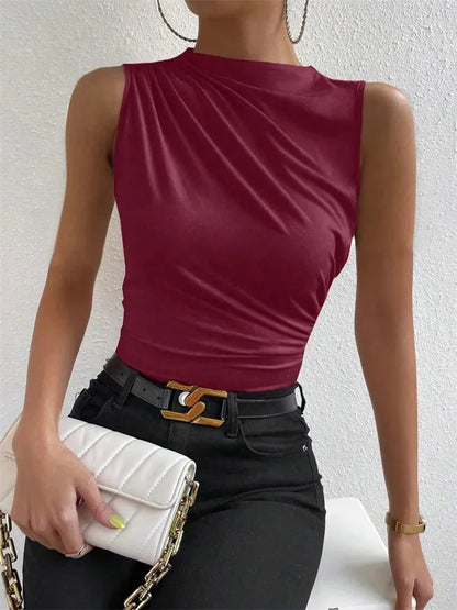 Damen Casual Mock Neck Ruched Tank Top Sommer 2024, einfarbig, Slim Fit, plissiert, ärmellos, T-Shirt, T-Shirt, Streetwear