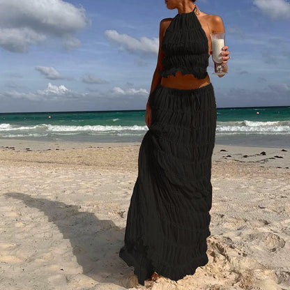 Damen Boho rückenfreier passender Anzug 2-teilig Strandurlaub Outfits Vintage geraffte Neckholder Cami Tops + Maxi langer Rock Party