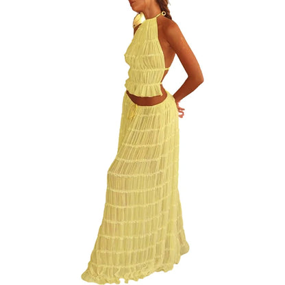 Damen Boho rückenfreier passender Anzug 2-teilig Strandurlaub Outfits Vintage geraffte Neckholder Cami Tops + Maxi langer Rock Party