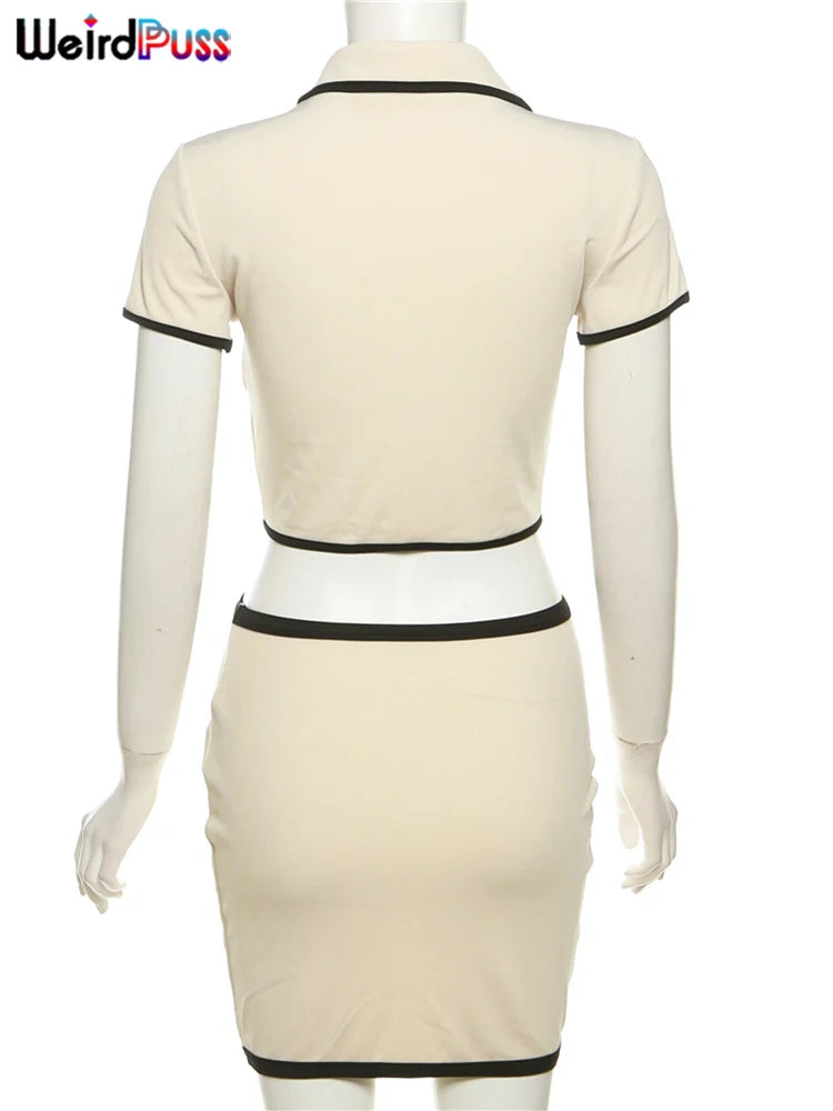Geripptes 2-teiliges Damen-Set, Polo-Ausschnitt, Knopf-Shorts, bauchfreie Tops + Miniröcke, passende Stretch-elegante Streetwear-Outfits