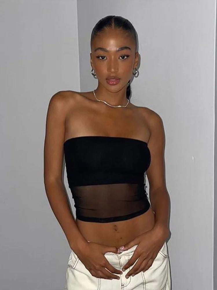 Mesh Korsett Schwarz Crop Top Frauen Patchwork Rohr Top Ärmel Off Schulter Cami Sommer Streetwear Schlank Liebsten Tank Tops