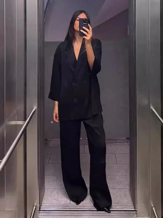 2024 herbst Frauen Casual Blazer Mantel Hosen Set Langarm Zweireiher Blazer + Breite Bein Hosen Dame Büro Outfit