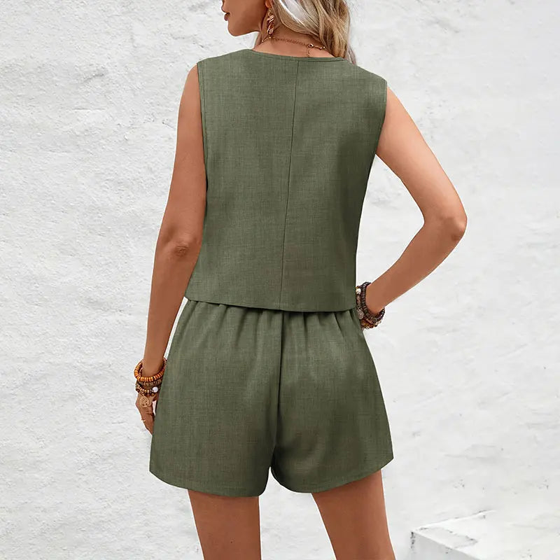 Sommer Frauen Elegante Feste Weste Shorts Set 2024 Ärmellose Weste Top + Hohe Taille Dünne Shorts Dame Büro Casual 2-teiliges Set