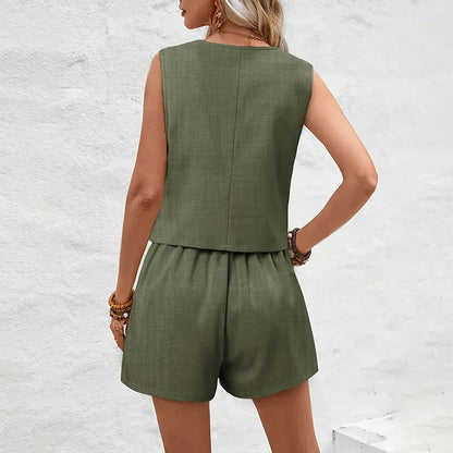 Sommer Frauen Elegante Feste Weste Shorts Set 2024 Ärmellose Weste Top + Hohe Taille Dünne Shorts Dame Büro Casual 2-teiliges Set