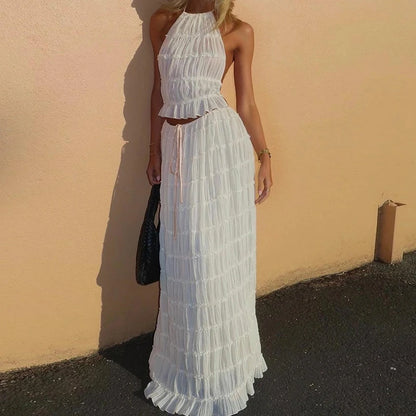 Damen Boho rückenfreier passender Anzug 2-teilig Strandurlaub Outfits Vintage geraffte Neckholder Cami Tops + Maxi langer Rock Party