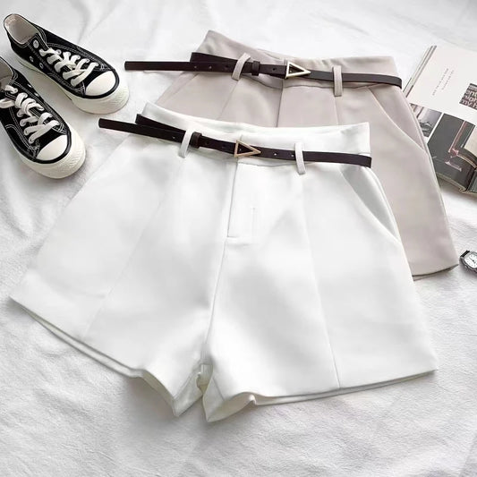 ITOOLIN Casual frauen Shorts A-linie Hohe Taille Kurze Chic Büro Dame Shorts Mit Gürtel Vintage Weibliche Hose Frühling Sommer
