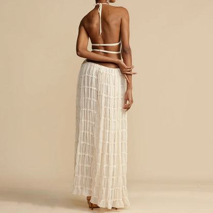 Damen Boho rückenfreier passender Anzug 2-teilig Strandurlaub Outfits Vintage geraffte Neckholder Cami Tops + Maxi langer Rock Party