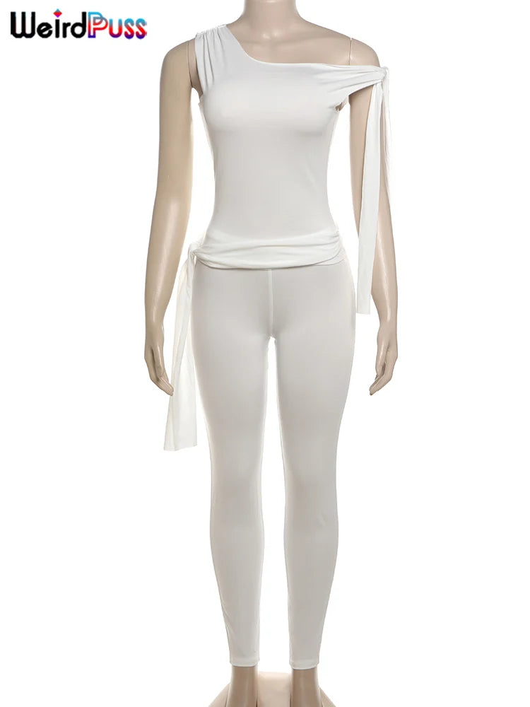Weird Puss Chic Elegantes 2-teiliges Set Damen-Trainingsanzug, Skew-Kragen, Band, Tank-Top + Leggings, lässig, dünn, Stretch, passende Outfits