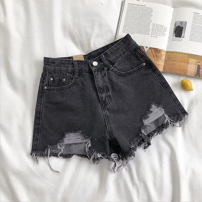 Koreanische Jeans shorts Frauen Sommer mode lässig hohe Taille zerrissene Jeans Tasche Quaste y2k Hot pants Streetwear blaue Hose