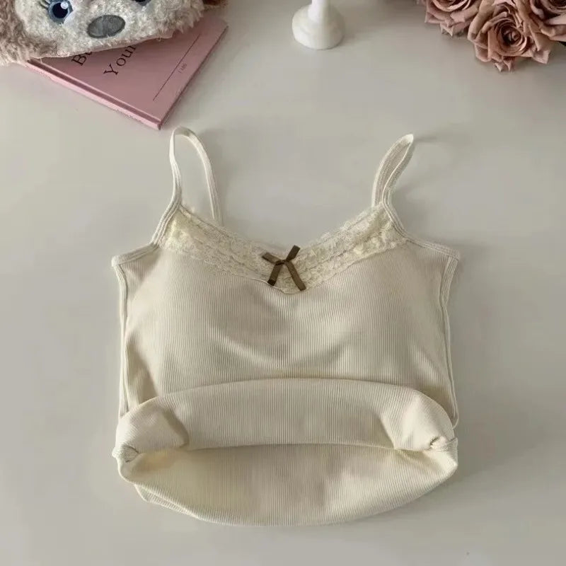 Neues gestricktes Crop Top für Frauen einfarbige Spitze Sling Tops Strickwaren Tank Top weiblich schlanke Leibchen süß kurz Beau Back Top