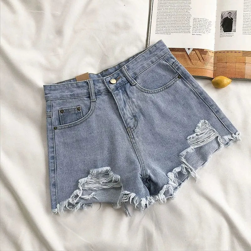 Koreanische Jeans shorts Frauen Sommer mode lässig hohe Taille zerrissene Jeans Tasche Quaste y2k Hot pants Streetwear blaue Hose