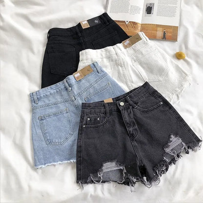 Koreanische Jeans shorts Frauen Sommer mode lässig hohe Taille zerrissene Jeans Tasche Quaste y2k Hot pants Streetwear blaue Hose