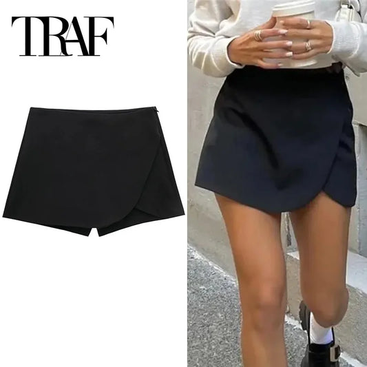 ONKOGENE 2025 Schwarz Mini Rock Shorts Frau Mode Asymmetrische Skort Für Frauen Hohe Taille Kurze Röcke Frau Sommer Casual Shorts
