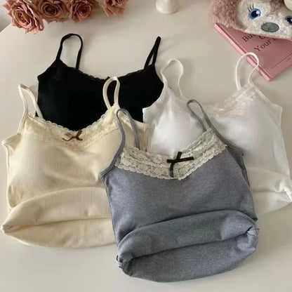Neues gestricktes Crop Top für Frauen einfarbige Spitze Sling Tops Strickwaren Tank Top weiblich schlanke Leibchen süß kurz Beau Back Top