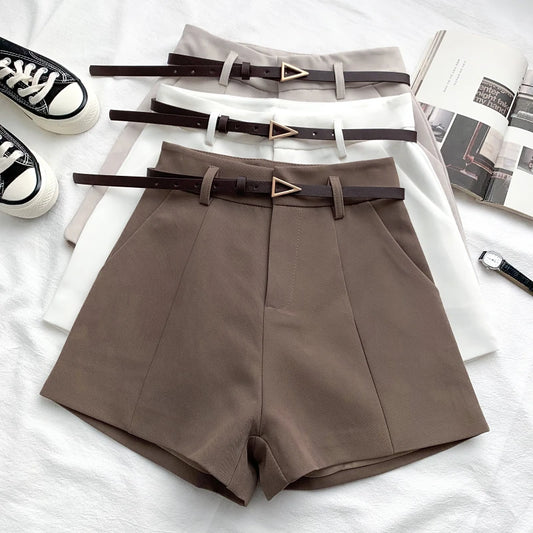 ITOOLIN Casual frauen Shorts A-linie Hohe Taille Kurze Chic Büro Dame Shorts Mit Gürtel Vintage Weibliche Hose Frühling Sommer