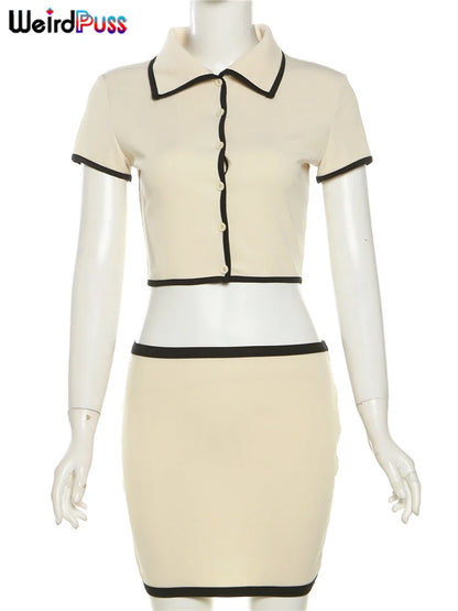 Geripptes 2-teiliges Damen-Set, Polo-Ausschnitt, Knopf-Shorts, bauchfreie Tops + Miniröcke, passende Stretch-elegante Streetwear-Outfits