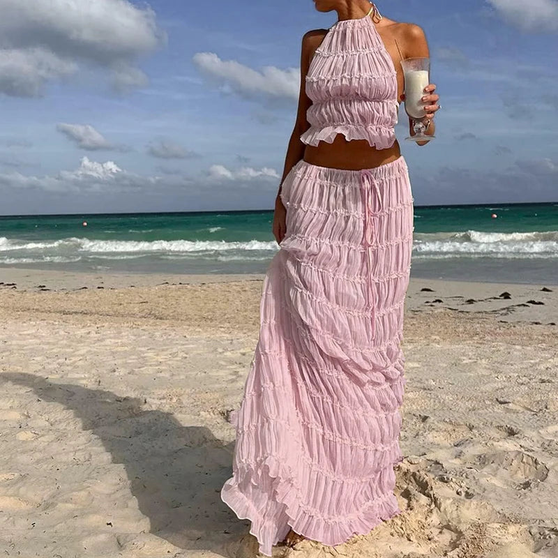 Damen Boho rückenfreier passender Anzug 2-teilig Strandurlaub Outfits Vintage geraffte Neckholder Cami Tops + Maxi langer Rock Party