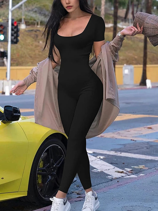 Damen Stram pler Kurzarm solide dünne Bodycon Overalls Mode Sport Fitness Casual Aktivität Streetwear Overalls
