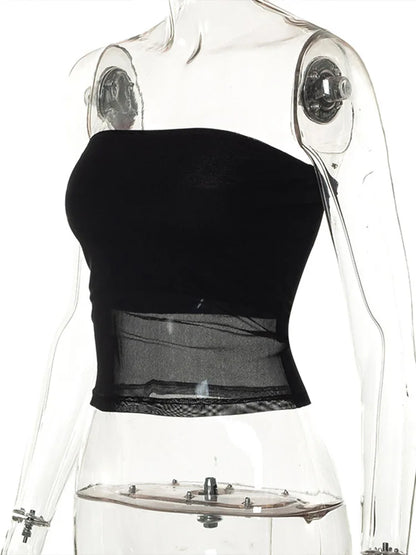 Mesh Korsett Schwarz Crop Top Frauen Patchwork Rohr Top Ärmel Off Schulter Cami Sommer Streetwear Schlank Liebsten Tank Tops