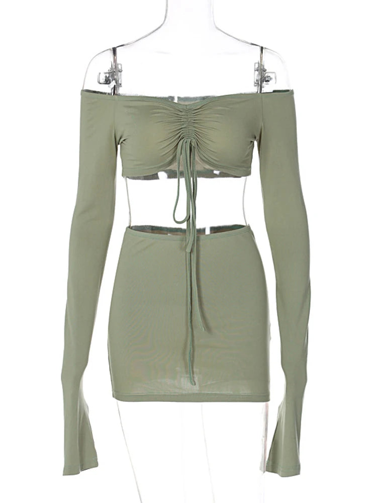Hugcitar Frauen Passendes 2-teiliges Set Langarm Kordelzug Gerafftes Crop Top Minirock Anzug Co Ords Outfits Bodycon Party