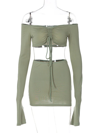 Hugcitar Frauen Passendes 2-teiliges Set Langarm Kordelzug Gerafftes Crop Top Minirock Anzug Co Ords Outfits Bodycon Party
