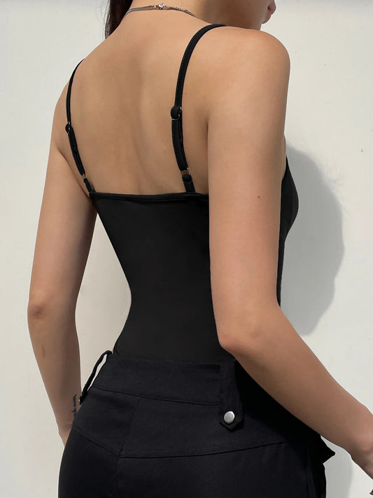 Sweetown Sleeveless Skinny Shirring Skinny Spaghetti Strap Bodysuit For Women Black Solid Simple Basic Vacation Camisole