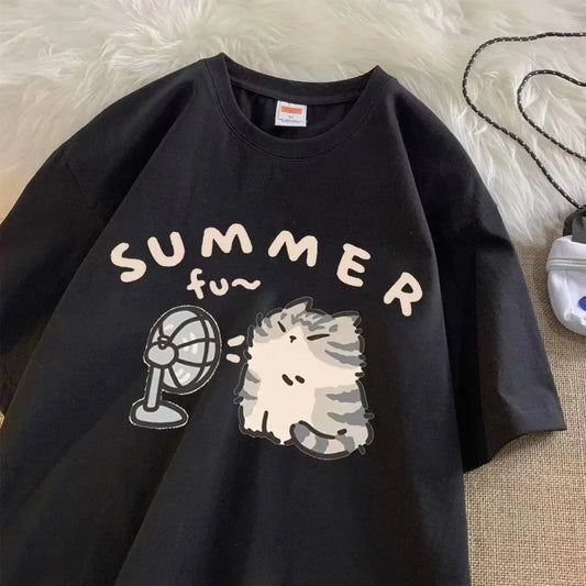 Fan Cat and Women Pure T-Shirt für Männer American Street Creative Blow Summer Relaxed Short Sleeve Couple Wear INS Top