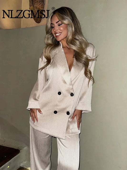 2024 herbst Frauen Casual Blazer Mantel Hosen Set Langarm Zweireiher Blazer + Breite Bein Hosen Dame Büro Outfit