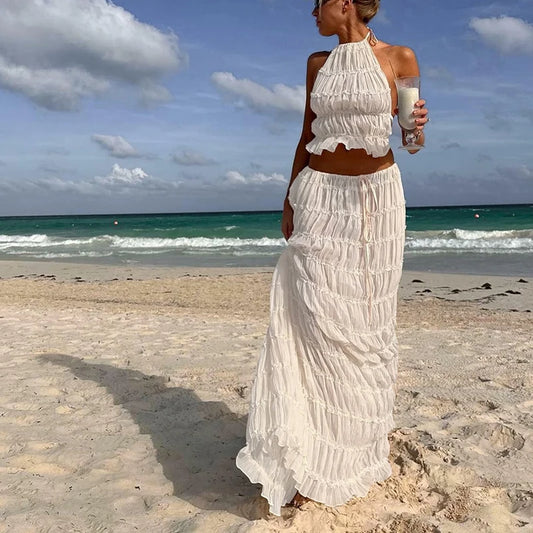 Damen Boho rückenfreier passender Anzug 2-teilig Strandurlaub Outfits Vintage geraffte Neckholder Cami Tops + Maxi langer Rock Party
