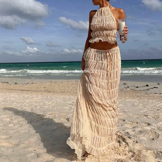 Damen Boho rückenfreier passender Anzug 2-teilig Strandurlaub Outfits Vintage geraffte Neckholder Cami Tops + Maxi langer Rock Party