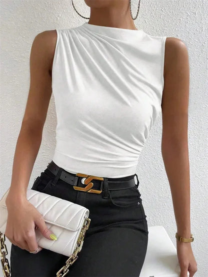Damen Casual Mock Neck Ruched Tank Top Sommer 2024, einfarbig, Slim Fit, plissiert, ärmellos, T-Shirt, T-Shirt, Streetwear