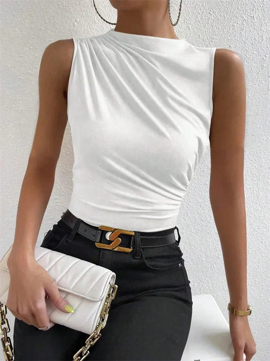 Damen Casual Mock Neck Ruched Tank Top Sommer 2024, einfarbig, Slim Fit, plissiert, ärmellos, T-Shirt, T-Shirt, Streetwear
